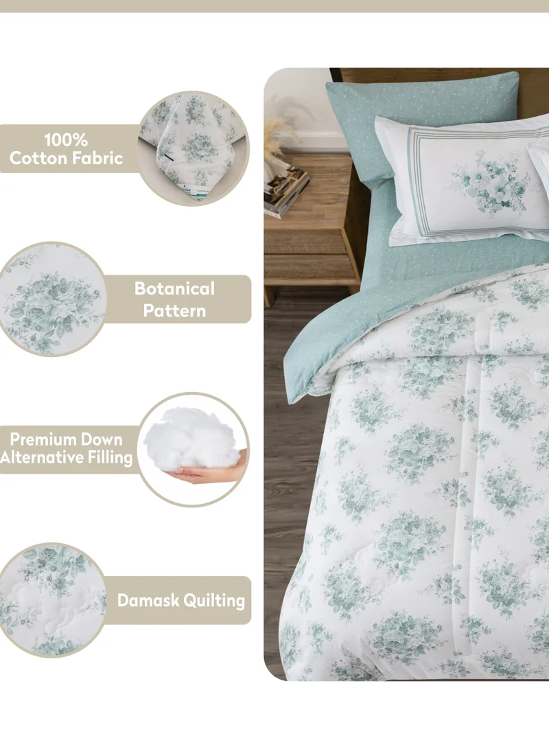 Donetella Cotton Comforter Set 4-Pcs Single Size Bed Fits(140 x 200 Cm) Reversible Printed Bedding Comforter Set With Super Soft Down Alternative Filling,Pale Slate