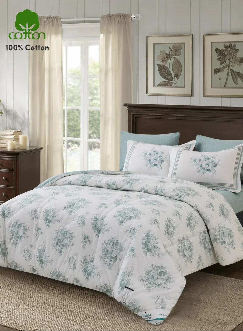 Donetella Cotton Comforter Set 4-Pcs Single Size Bed Fits(140 x 200 Cm) Reversible Printed Bedding Comforter Set With Super Soft Down Alternative Filling,Pale Slate