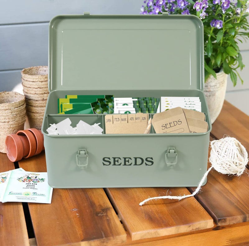 Xbopetda Seed Saving Box, Metal Seed Bin, Seed Storage Organizer Box, Seed Packet Container with Lid, Seed Envelope Storage Box, 4 Compartments Garden Seed Bin with Safety Locks-Green - Image 5