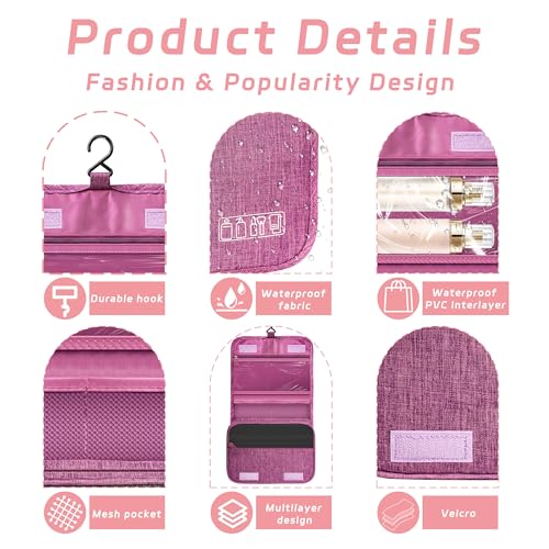 YEMEDA Toiletry Bag Travel Bag with Hanging Hook, Waterproof Capacity Hanging Multifunctional Makeup Bag for Toiletries, Portable Cosmetic Bag Travel Organizer for Women and Men(Purple) - Image 3