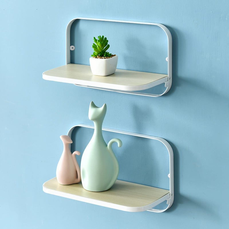 WELLAND Arlington Floating Shelves Set of 2  Folding Display Wall Shelves  Walnut Grain Wooden Board  Metal Frame  12 W x 5 D x 7 H  White Upgraded