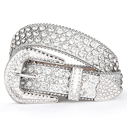 UnFader Womens Men Rhinestone Western Belts Bling Cowgirl Designer Diamond Studded Belts for Jeans (A-White, M for waist size 28"-32") - Image 1