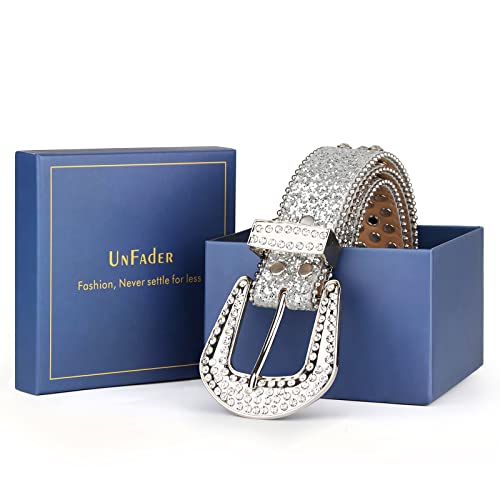 UnFader Womens Men Rhinestone Western Belts Bling Cowgirl Designer Diamond Studded Belts for Jeans (A-White, M for waist size 28"-32") - Image 4
