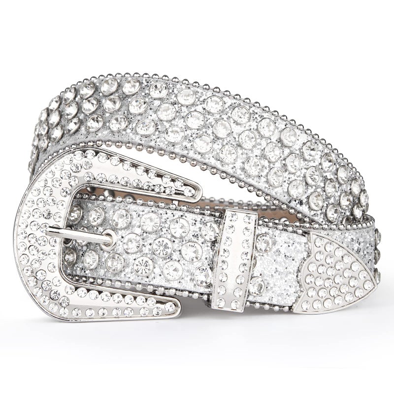 UnFader Womens Men Rhinestone Western Belts Bling Cowgirl Designer Diamond Studded Belts for Jeans (A-White, M for waist size 28"-32") - Image 3