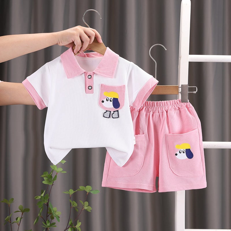 Childrens Short-sleeved suit New Korean-style Colorblock Summer Short-sleeved Shorts Lel Boys and Girls Casual Sports Sleeves Trendy Pink 