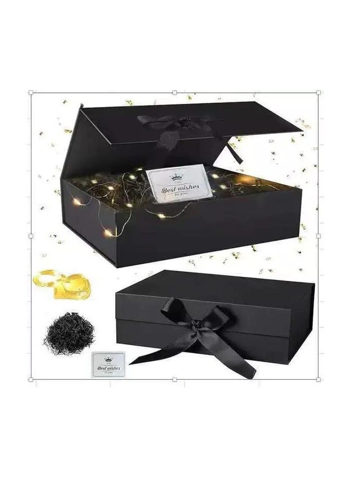 Gift Box Gift Packing with Card, Raffia, and String Lights for New Year Wedding Eid Birthday Father's Day Presents Display and Packing Size 26 * 19 * 8cm Black - Image 1