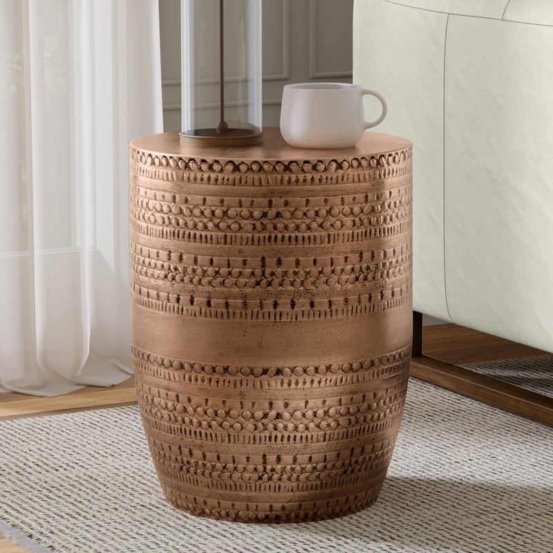 Simpli Home SIMPLIHOME Johnsen Metal Table - 15 inch Wide Solid Iron Drum Accent Table in Antique Copper with Tribal Pattern, Round Boho End Table for Living Room, Bedroom, or Home Office, Fully Assembled - Image 2