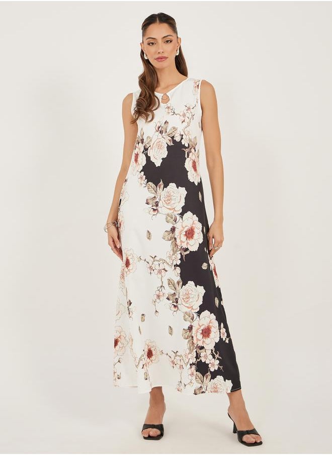 Floral Print Sleeveless A-Line Maxi Dress