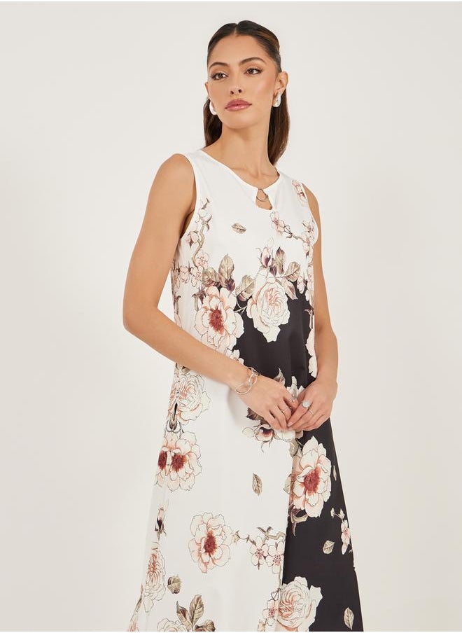 Floral Print Sleeveless A-Line Maxi Dress