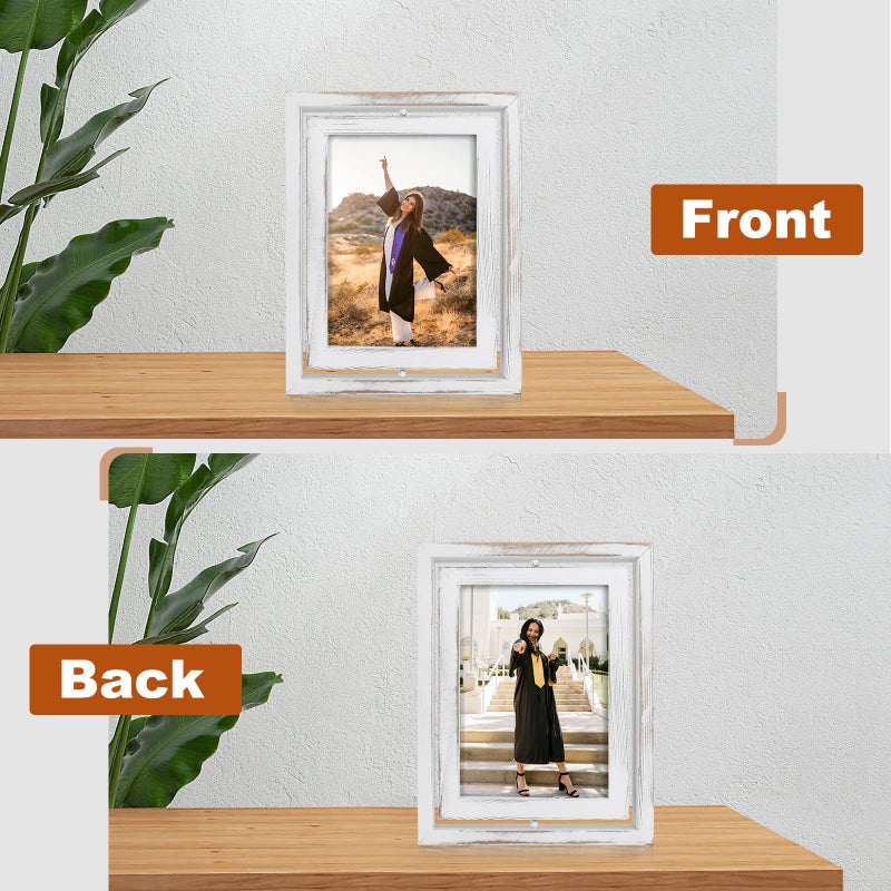 Egofine 2 Pack 5x7 Rotating Floating Picture Frames Double-Sided Display with HD Glass Front Wooden Distressed Frame for Vertical or Horizontal Tabletop Display  White - Image 4