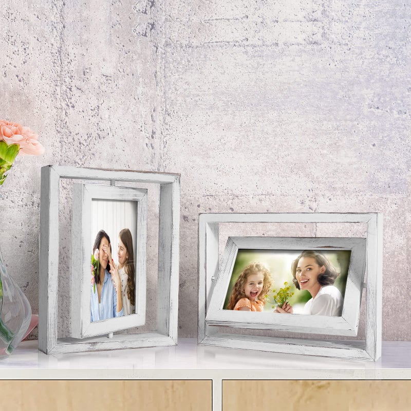 Egofine 2 Pack 5x7 Rotating Floating Picture Frames Double-Sided Display with HD Glass Front Wooden Distressed Frame for Vertical or Horizontal Tabletop Display  White - Image 5