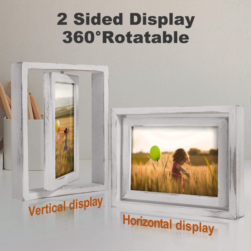 Egofine 2 Pack 5x7 Rotating Floating Picture Frames Double-Sided Display with HD Glass Front Wooden Distressed Frame for Vertical or Horizontal Tabletop Display  White - Image 3