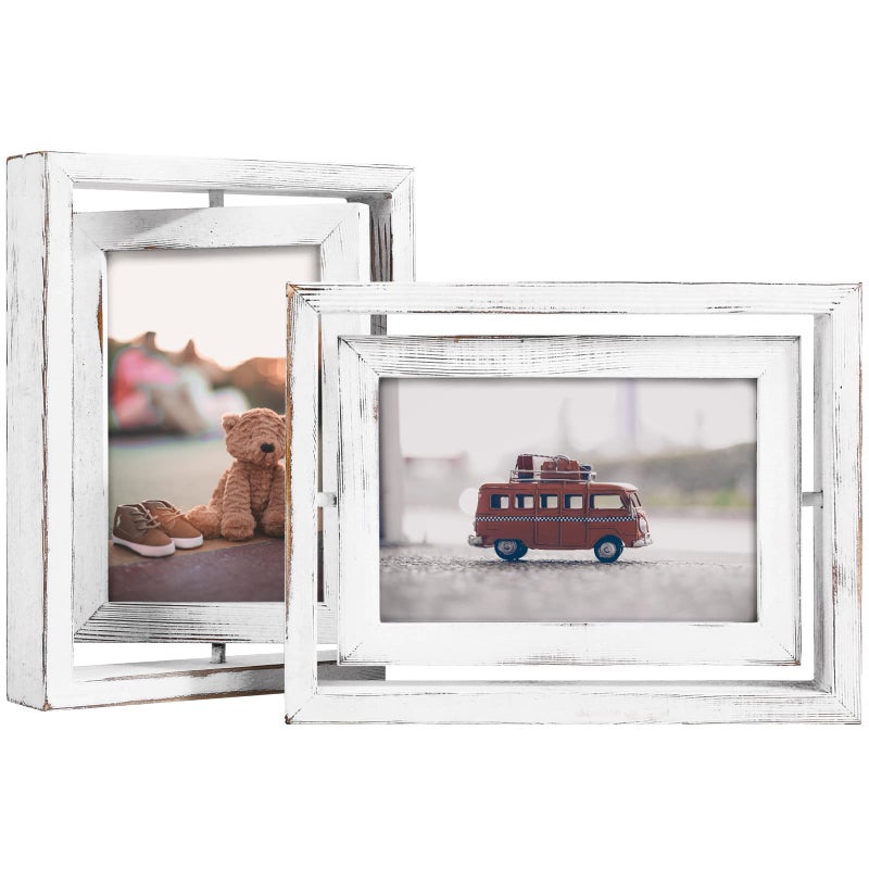 Egofine 2 Pack 5x7 Rotating Floating Picture Frames Double-Sided Display with HD Glass Front Wooden Distressed Frame for Vertical or Horizontal Tabletop Display  White - Image 1