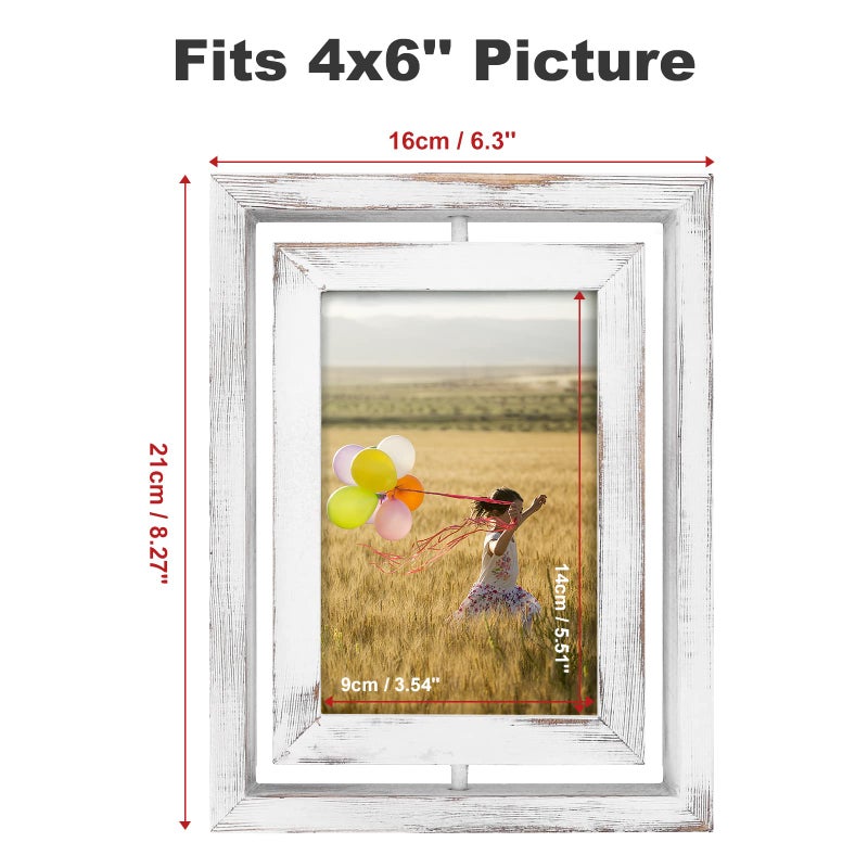 Egofine 2 Pack 5x7 Rotating Floating Picture Frames Double-Sided Display with HD Glass Front Wooden Distressed Frame for Vertical or Horizontal Tabletop Display  White - Image 2