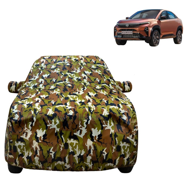 VYAS 100% Waterproof Car Body Cover for Tata Cruv (2025) with Mirror Pocket Triple Stitched Belt & Buckle Fitting Dual Elastic, Durable Material Jungle Print Camouflage Design - Image 1