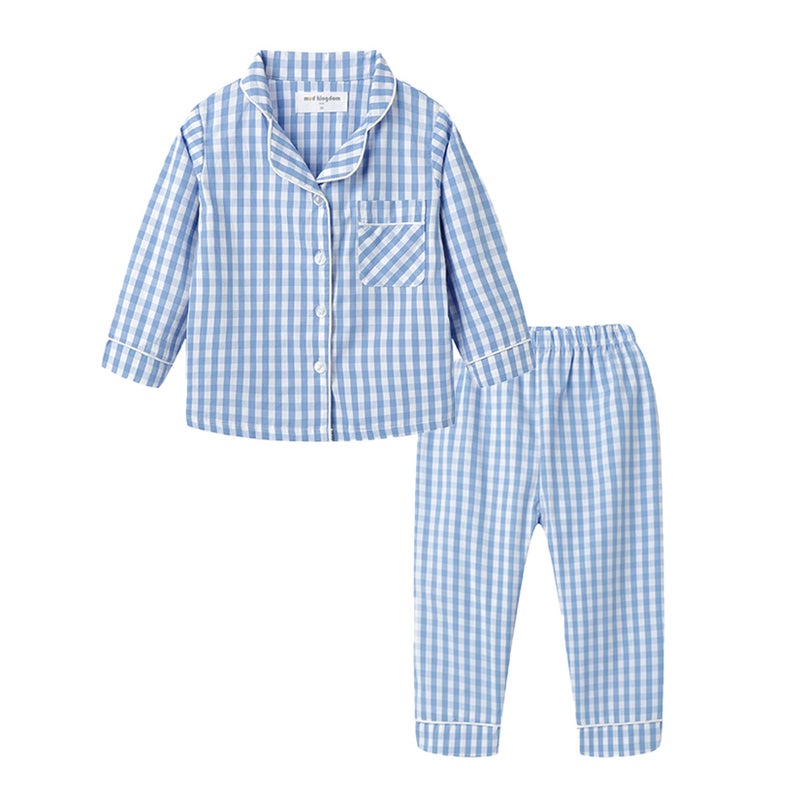Mud Kingdom Toddler Boys Home Outfit Long Sleeve Button Down Blue Plaid Loungewear for Boys Casual 4T - Image 1