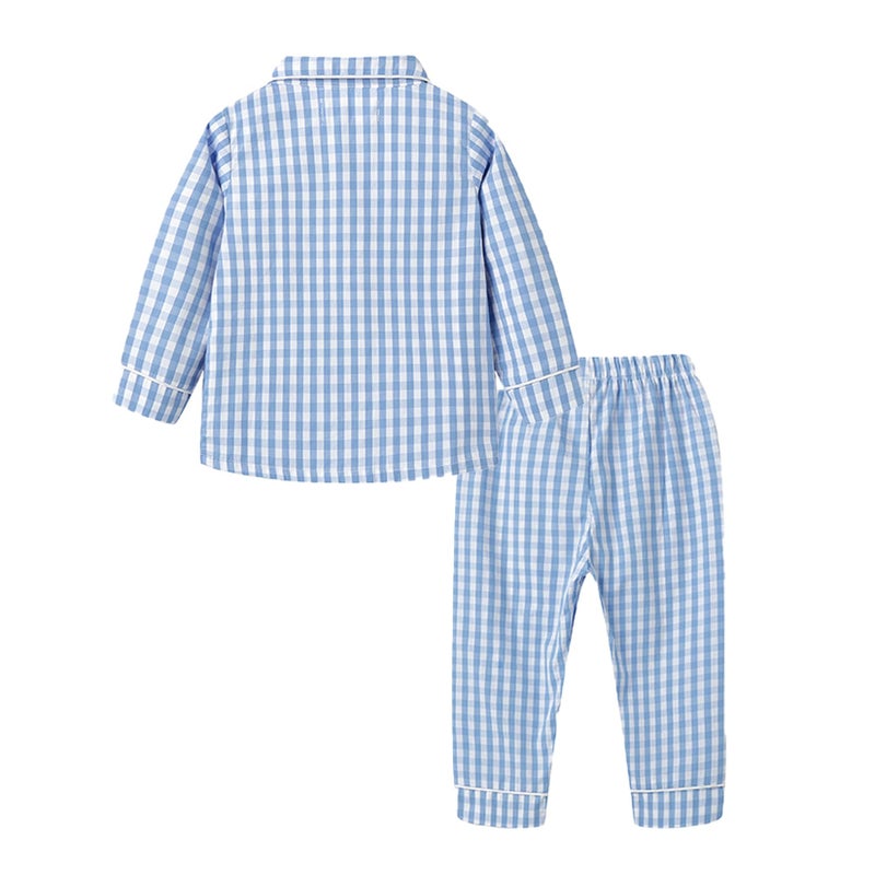 Mud Kingdom Toddler Boys Home Outfit Long Sleeve Button Down Blue Plaid Loungewear for Boys Casual 4T - Image 3
