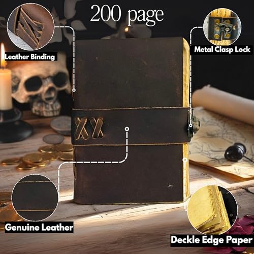 Prastara Small Vintage Leather Journal - 4" x 6" book of spell Handmade Leather Bound Vintage notebook- Mini Book of Shadows Journal asethetic Travelers Scrapbook Pocket Sketchbook Leather - Lock Closure - 200 Pages- Rustic Brown Color - christmas gift for Women & Men - Image 2