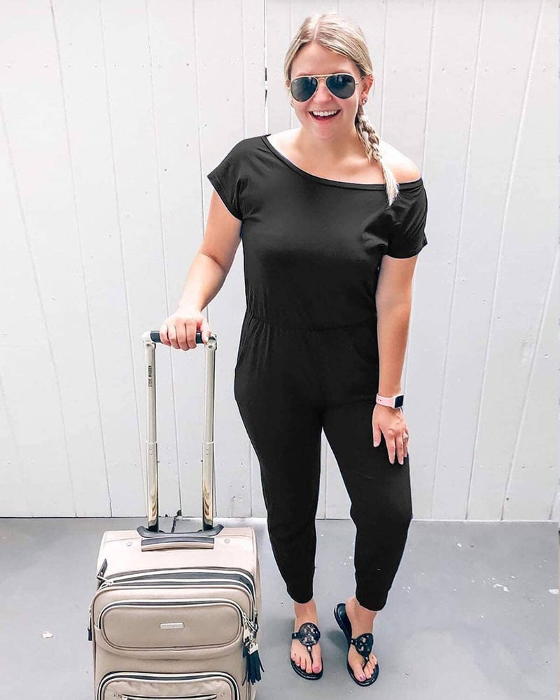 Alelly Women's Loose Fit Off Shoulder Elastic Waist Beam Foot Jumpsuit Rompers with Pockets - Image 3