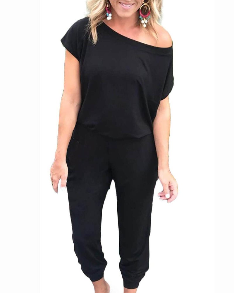 Alelly Women's Loose Fit Off Shoulder Elastic Waist Beam Foot Jumpsuit Rompers with Pockets - Image 1
