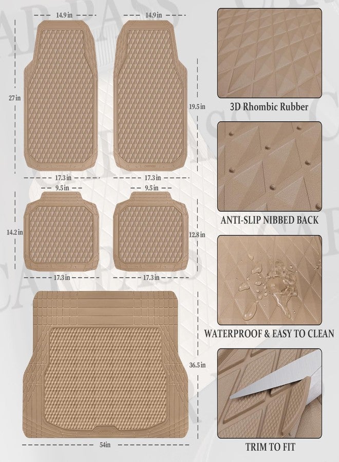 CAR PASS Beige Rubber Car Mats, All-Weather Floor Mats Full Set Durable Anti-Slip 3D Rhombus Waterproof Automotive Pad Trim to Fit Liner Universal Fit for Sedan SUV Truck Van, 4 Pcs All Beige Rubber - Image 5