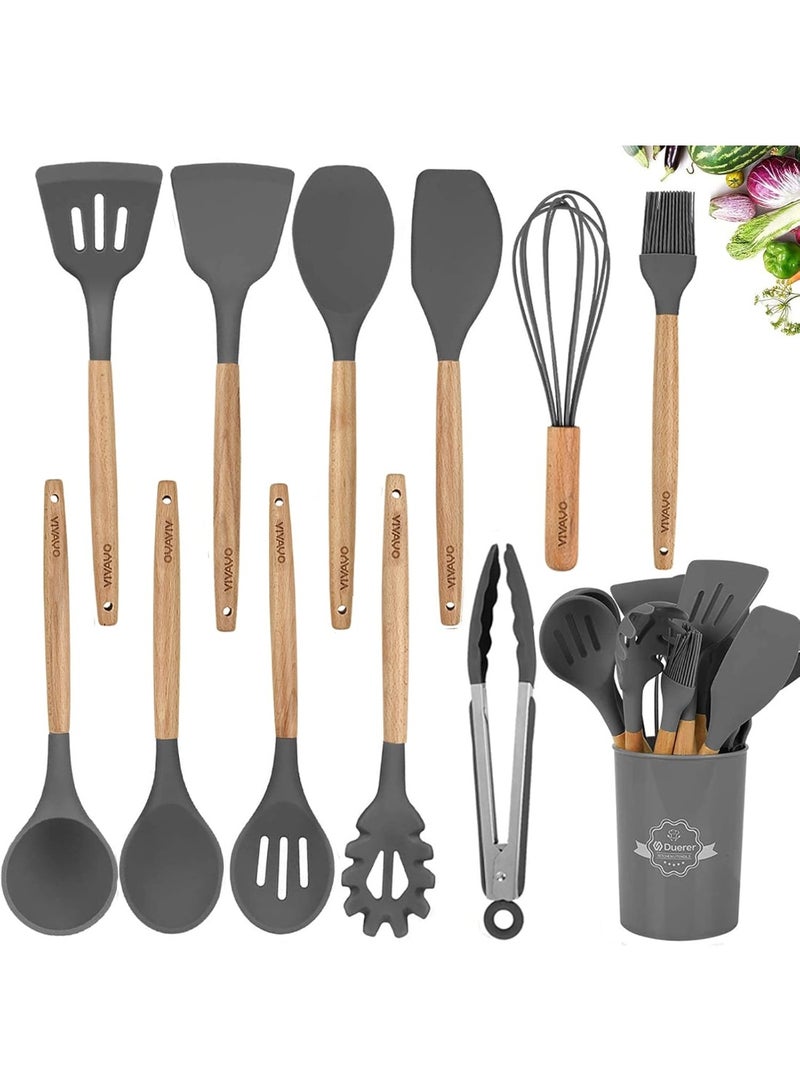 12-Piece Silicone Serving Utensil Set with Wooden Handles and Holder - Image 1