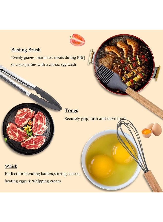 12-Piece Silicone Serving Utensil Set with Wooden Handles and Holder - Image 4