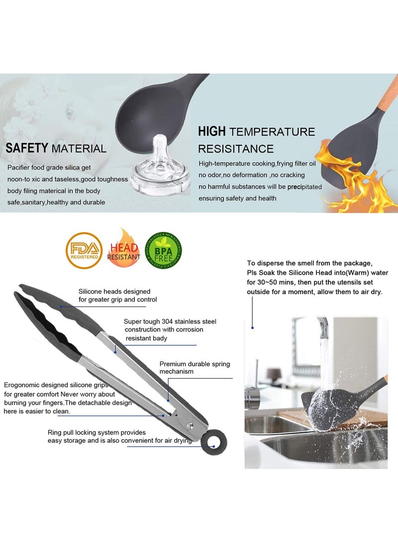 12-Piece Silicone Serving Utensil Set with Wooden Handles and Holder - Image 3