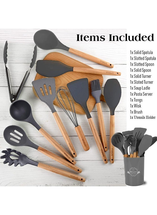 12-Piece Silicone Serving Utensil Set with Wooden Handles and Holder - Image 2