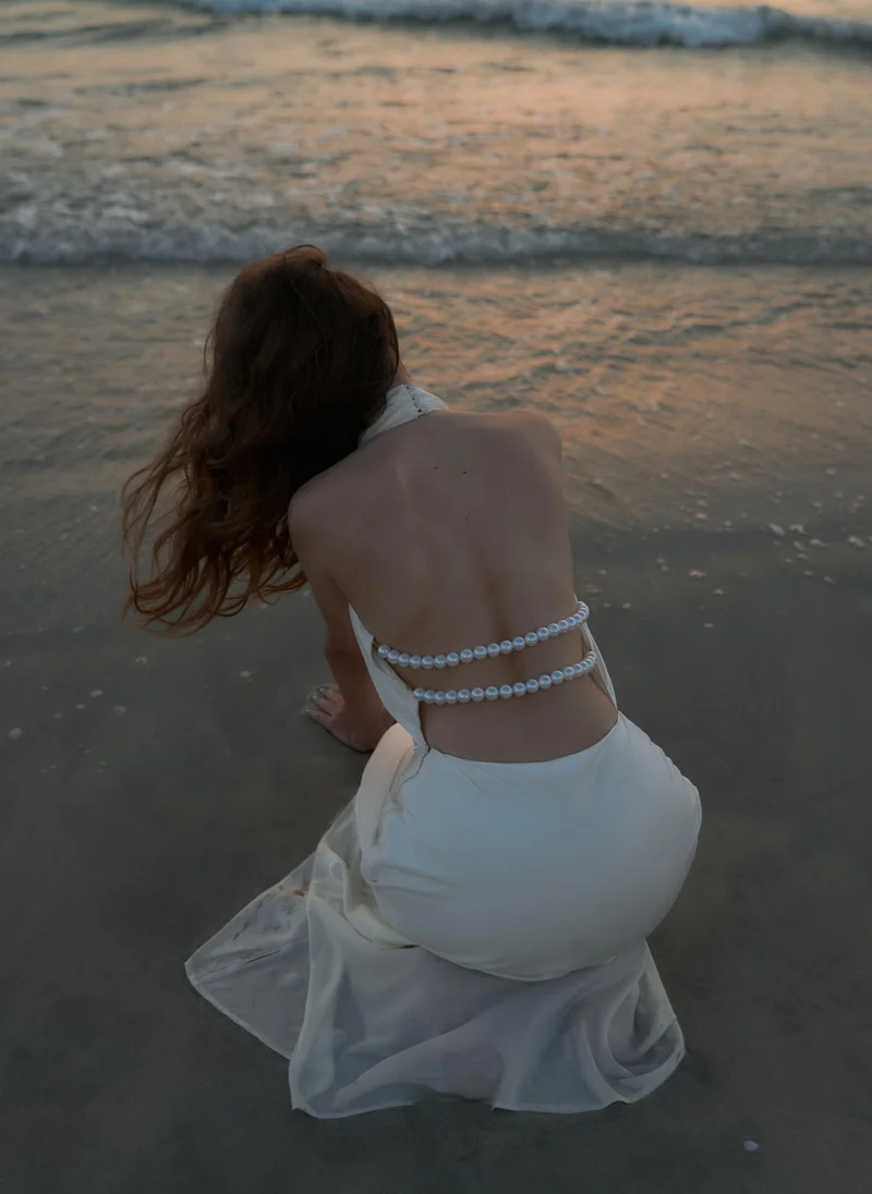 Lichi Satin maxi dress with pearl decor on the back