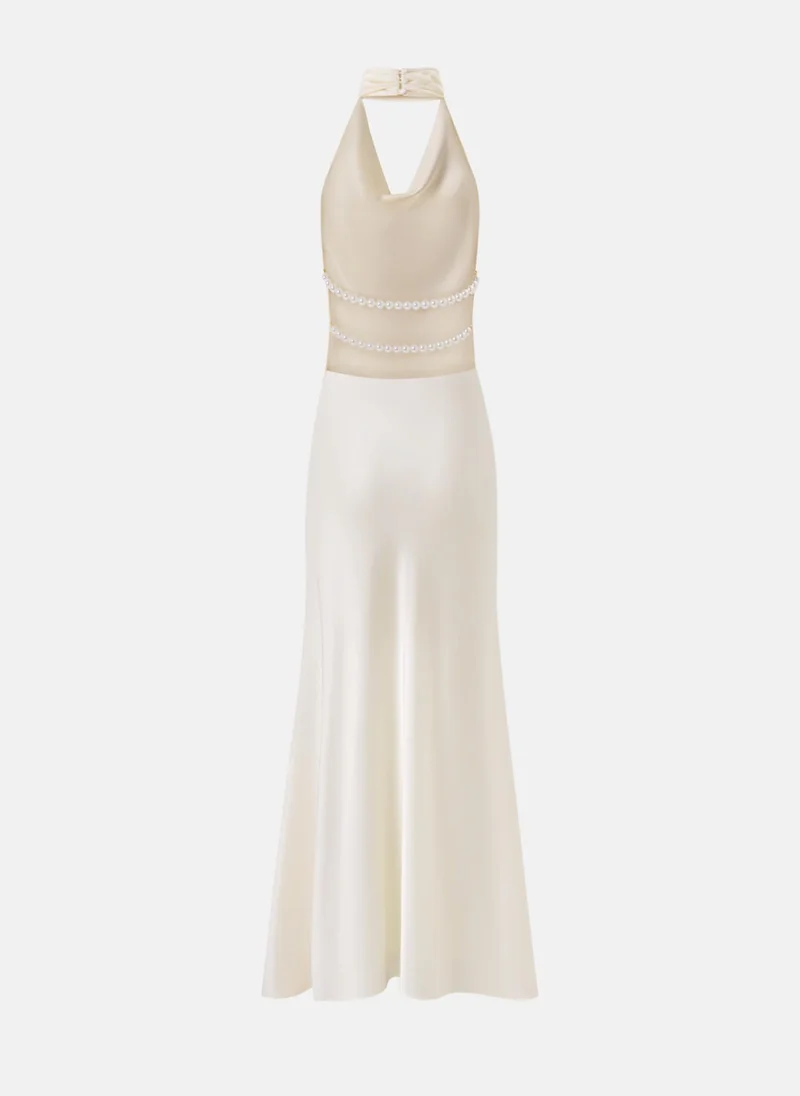 Lichi Satin maxi dress with pearl decor on the back