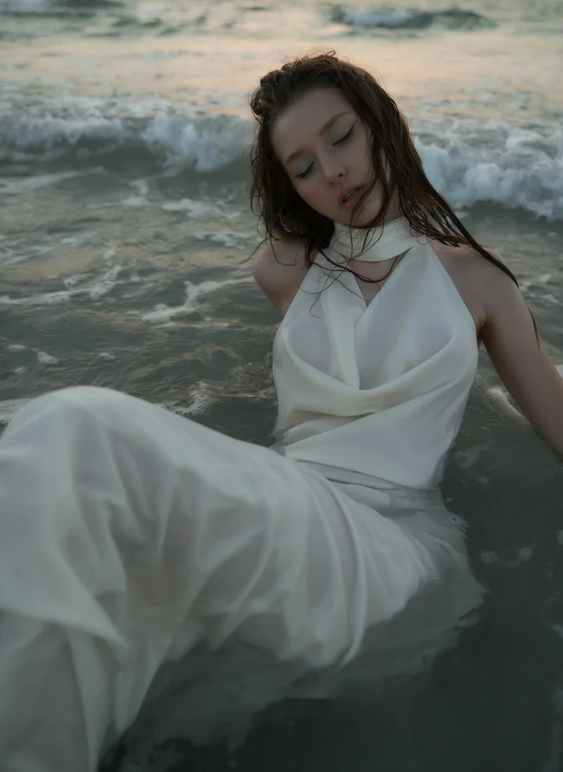 Lichi Satin maxi dress with pearl decor on the back