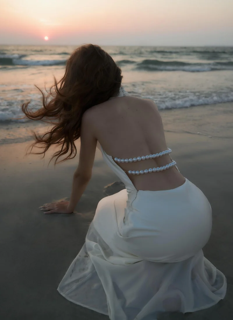 Lichi Satin maxi dress with pearl decor on the back