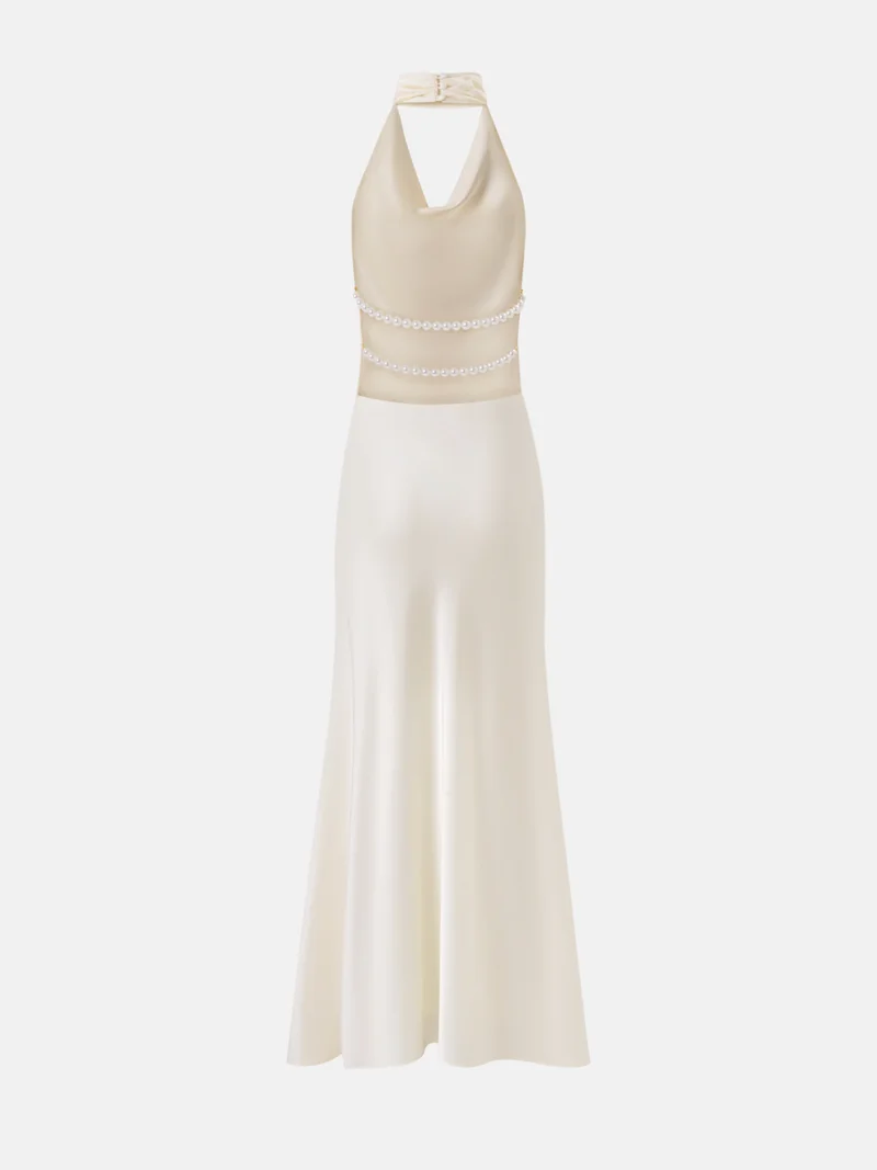 Lichi  Satin maxi dress with pearl decor on the back for Women | Best Price UAE