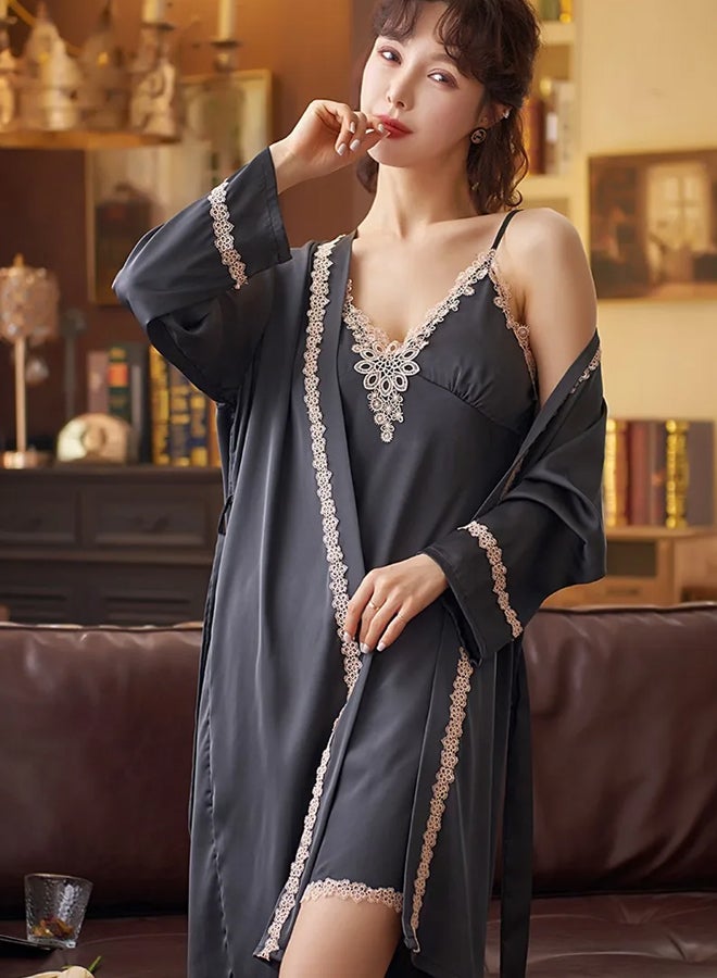 MARGOUN XL Size Pajama Set Satin 2PCS Sleep Set Women Kimono Bathrobe Gown Wedding Sleepwear Nighty Robe Suit Intimate Lingerie Sleepwear Black /MG17 - Image 1