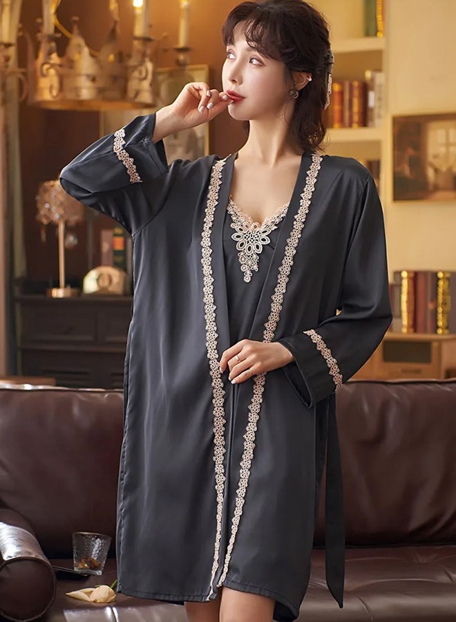 MARGOUN XL Size Pajama Set Satin 2PCS Sleep Set Women Kimono Bathrobe Gown Wedding Sleepwear Nighty Robe Suit Intimate Lingerie Sleepwear Black /MG17 - Image 3