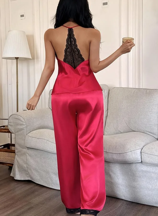 تايك تو Red Back Lace Panel Cami and Pyjama Set