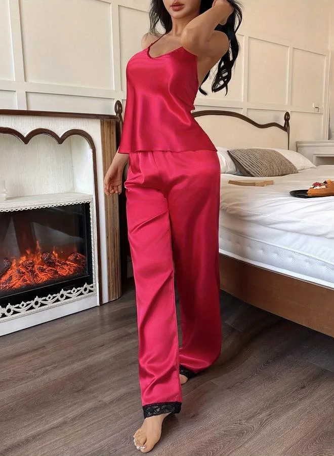 تايك تو Red Back Lace Panel Cami and Pyjama Set