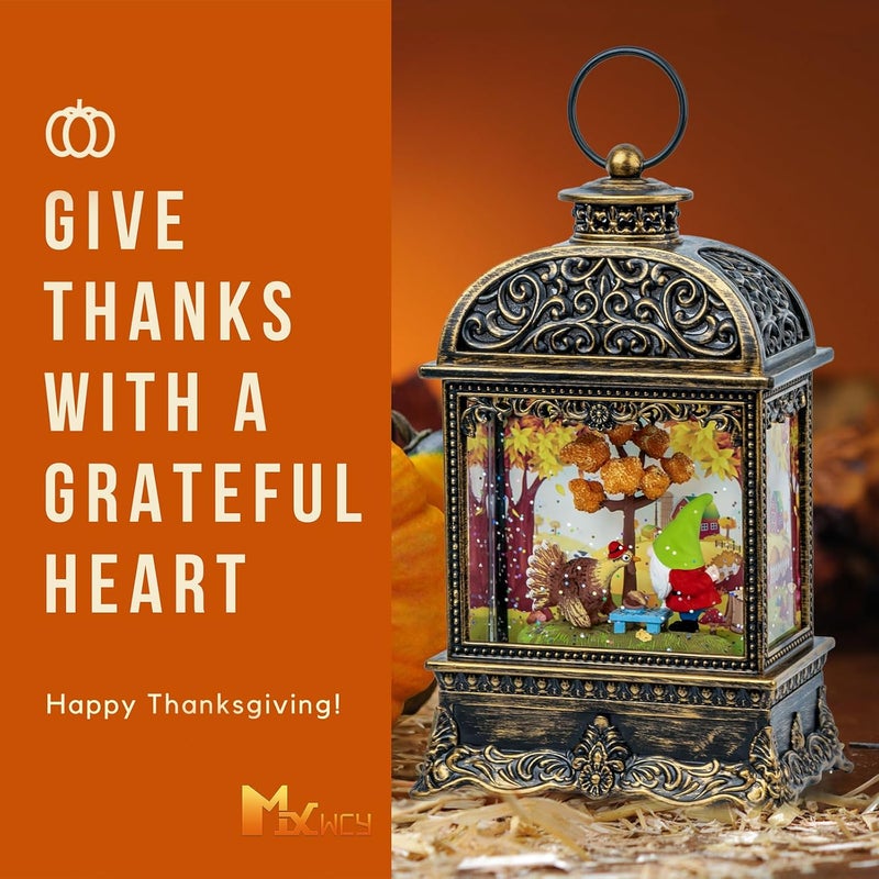 MXwcy Fall Decor Snow Globe Lantern, Thanksgiving Decoration Swirling Glitter Gnome Snow Globe with Turkey, Harvest Day Gifts, Home Fall Halloween Decor - Image 2