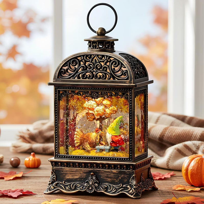 MXwcy Fall Decor Snow Globe Lantern, Thanksgiving Decoration Swirling Glitter Gnome Snow Globe with Turkey, Harvest Day Gifts, Home Fall Halloween Decor - Image 1
