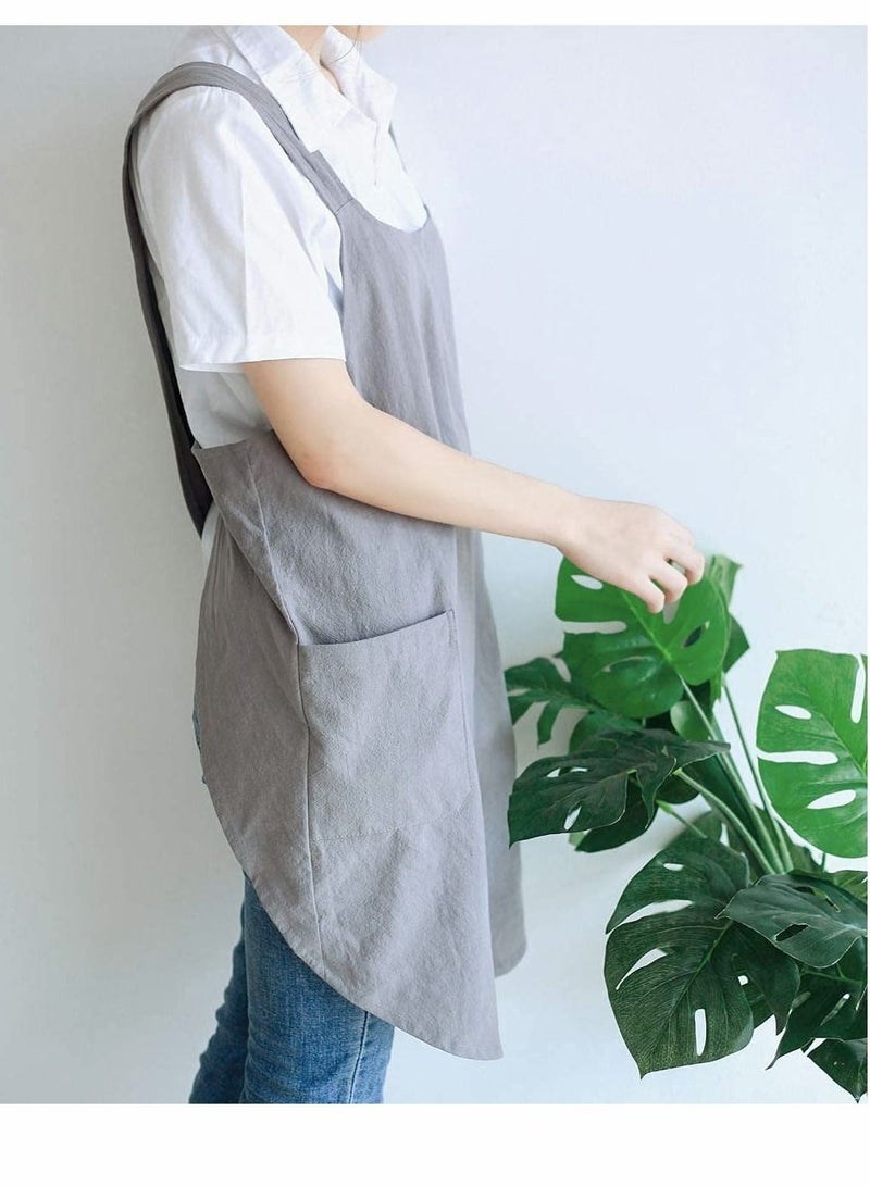 Y&D Soft Cotton Linen Apron Cross Back X-Shaped Japanese Style Pinafore Dress for Cooking, Housewarming, Daily Chores (Grey) - Image 3