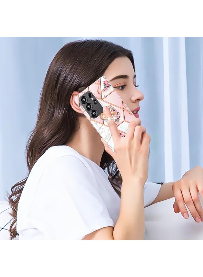 S-TOP Case For Samsung Galaxy S25 Ultra 5G Electroplating Splicing Marble Flower Pattern TPU Shockproof Case with Rhinestone Ring Holder - Image 4