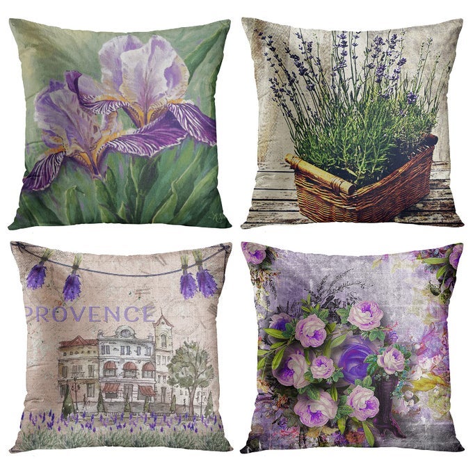 SET OF 4 THROW PILLOW COVERS WATERCOLOR BLOSSOM PROVENCE FRANCE LAVENDER FLOWER SUMMER LOVE BEAUTIFUL GREEN IRIS DECORATIVE PILLOW CASES HOME DECOR SQUARE 18X18 INCHES PILLOWCASES