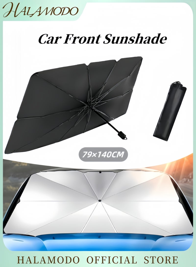 HALAMODO Car Sun Umbrella with Leather Storage Bag Front Windshield Sun Shade Umbrella Sun Protection Heat Insulation Sun Block Foldable Scalable Umbrella for Most Vehicles - Image 1