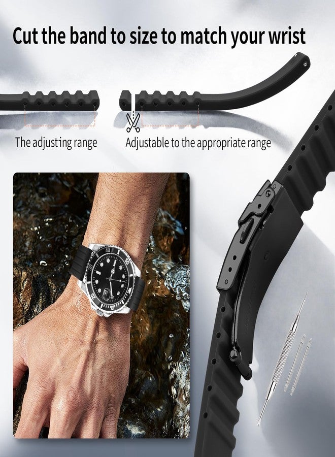 ULLCHRO Silicone Watch Strap Replacement Rubber Watch Band Waterproof Stripe Pattern - 16mm, 18mm, 20mm, 22mm, 24mm Watch Bracelet with Stainless Steel Deployment Black Buckle (22mm, Black02) - Image 5