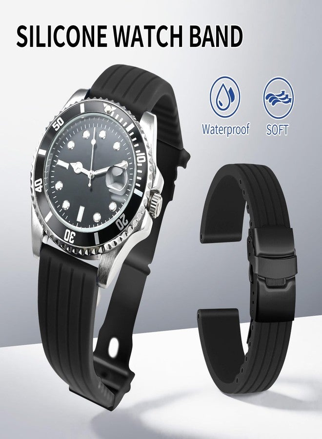 ULLCHRO Silicone Watch Strap Replacement Rubber Watch Band Waterproof Stripe Pattern - 16mm, 18mm, 20mm, 22mm, 24mm Watch Bracelet with Stainless Steel Deployment Black Buckle (22mm, Black02) - Image 2
