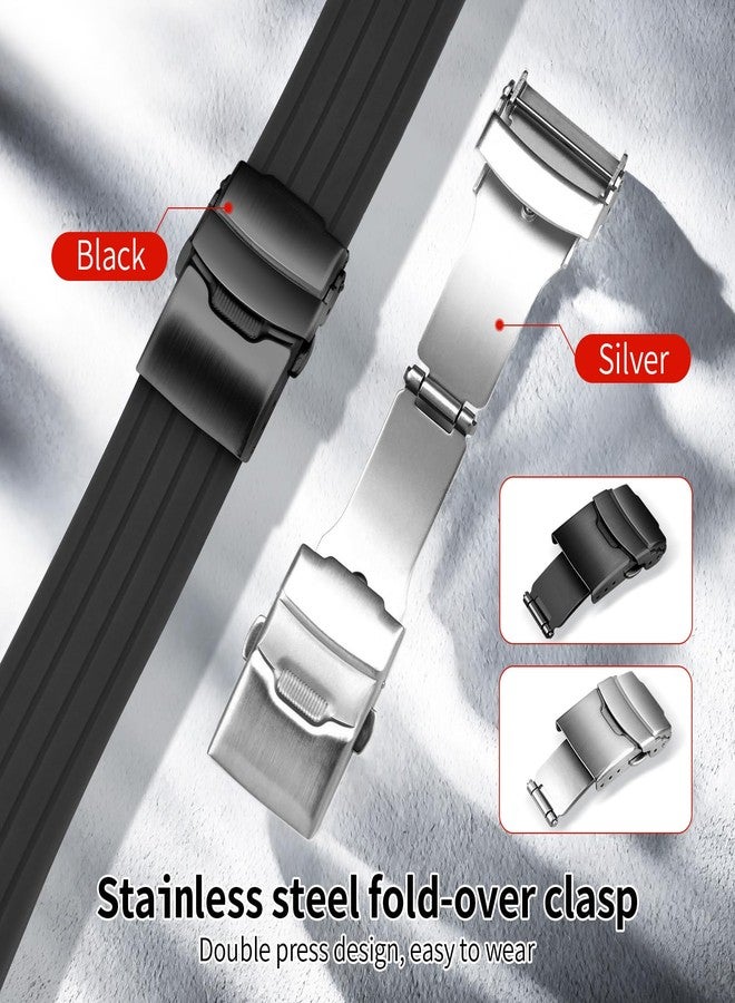 ULLCHRO Silicone Watch Strap Replacement Rubber Watch Band Waterproof Stripe Pattern - 16mm, 18mm, 20mm, 22mm, 24mm Watch Bracelet with Stainless Steel Deployment Black Buckle (22mm, Black02) - Image 4