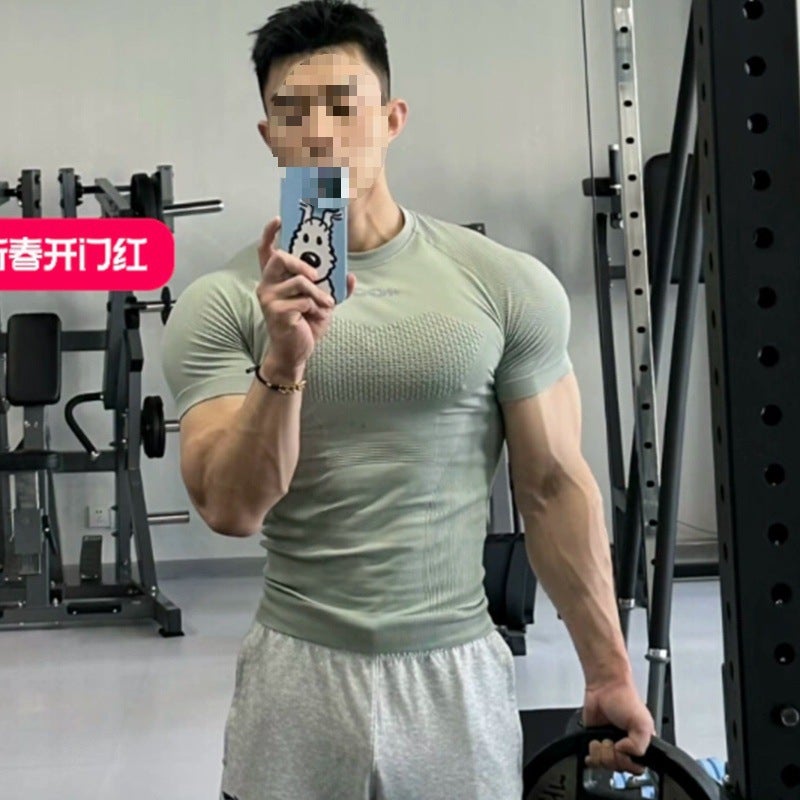 Summer slim short sleeve elastic tight sports shirt 2025 American mens breathable fitness clothes wholesale Green bean paste