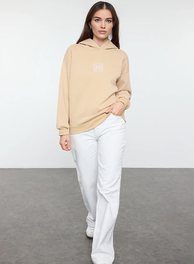 trendyol Beige Oversize/Wide Pattern Embroidered Thick Polar Fleece Knitted Sweatshirt - Image 2