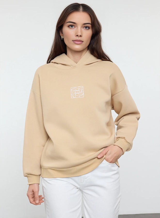 trendyol Beige Oversize/Wide Pattern Embroidered Thick Polar Fleece Knitted Sweatshirt - Image 1